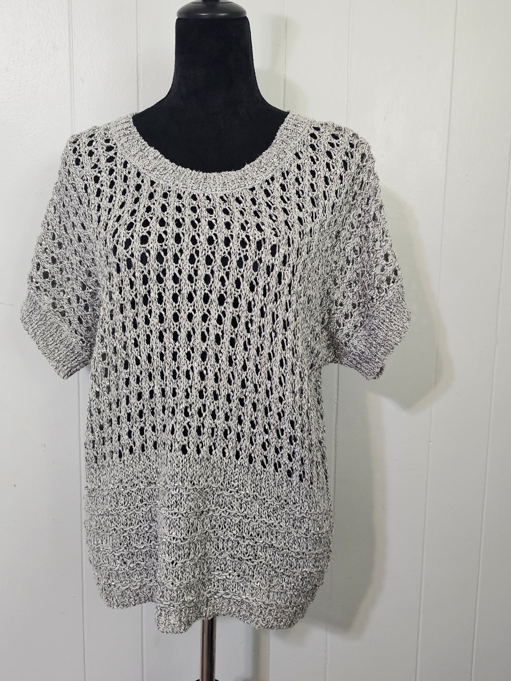 Fenn Wright Manson XL Open Knit Sweater Top Boho Short Sleeve Loose Gray